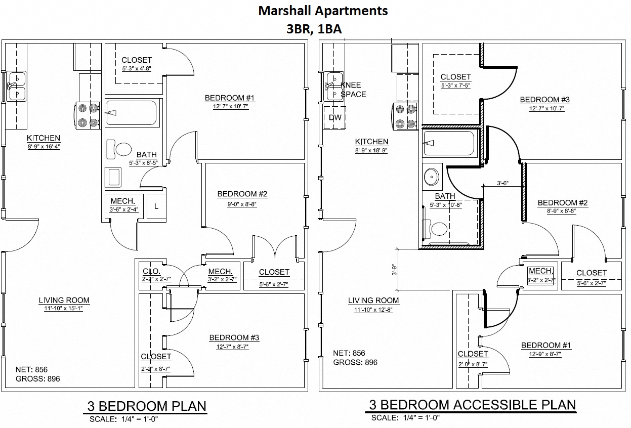 Floor plan for 3 beds, 1 bath, 896 sqft